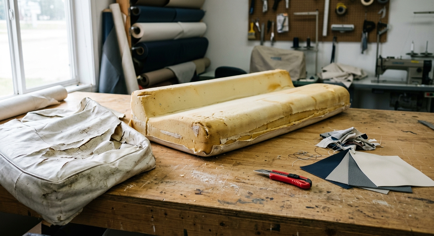 Boat cushion stripped to its bare marine-grade foam core