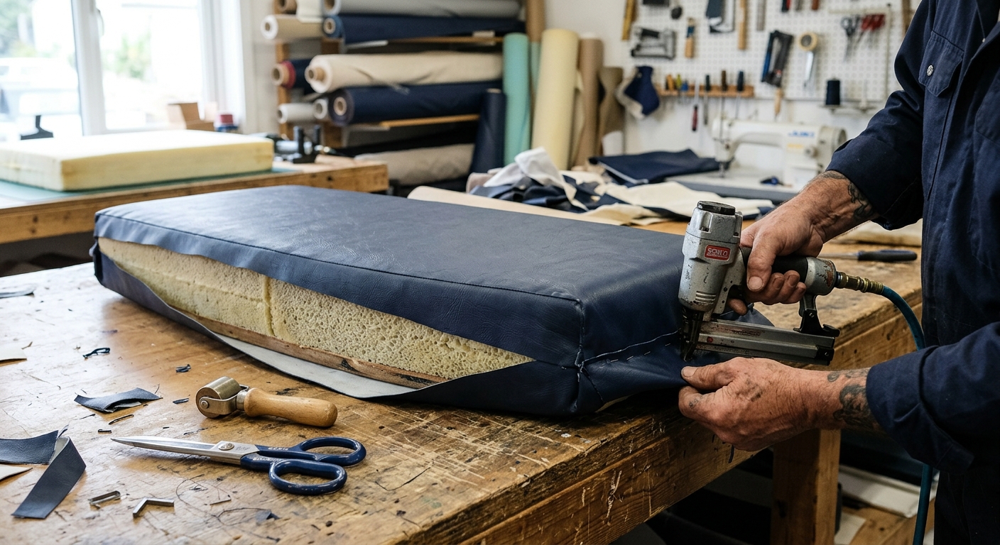 New navy marine vinyl being stapled onto the boat cushion