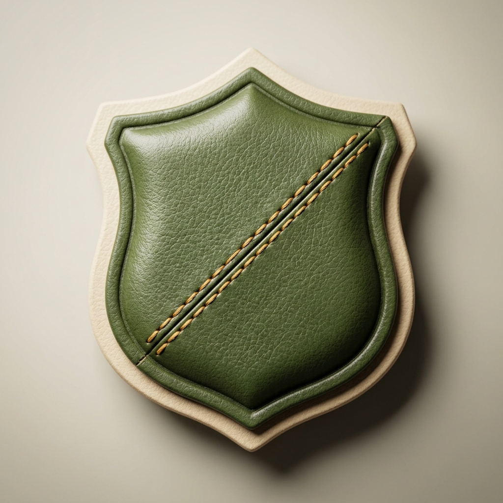 Photoreal avocado and cream leather shield badge with mustard saddle-stitch seam, the Upholsterers United mark