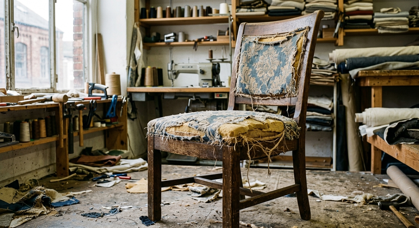 Worn wooden dining chair with torn fabric, before reupholstery