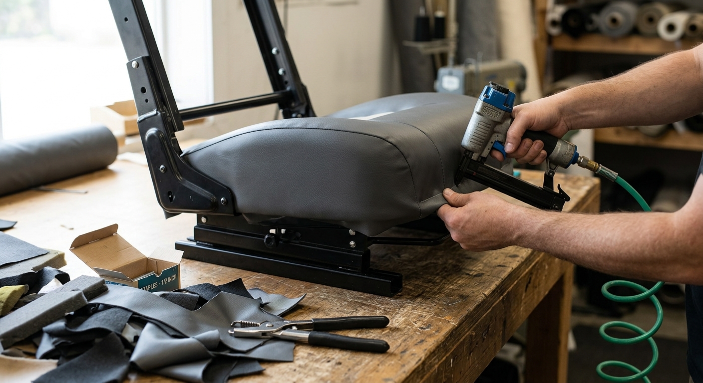 New charcoal vinyl being fitted onto the RV captain's chair