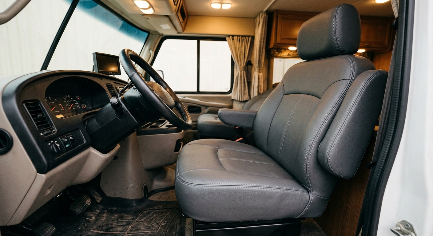 Finished RV captain's chair in new charcoal vinyl, installed in the cockpit